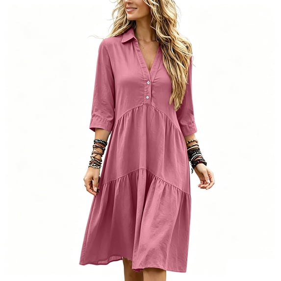 Ayolanni Fall Dresses for Women 3/4 Sleeve Beach V Neck A-Line Maxi Dresses Flowy Vacation Wedding Guest Solid Long Dress Pink M