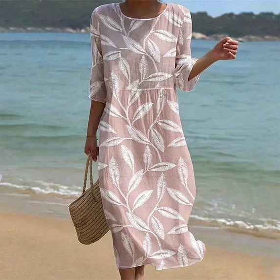 Ayolanni Fall Dresses for Women Crew Neck Floral 3/4 Sleeve A-Line Maxi Dress Flowy Beach Pleated Boho Long Dress Pink XL