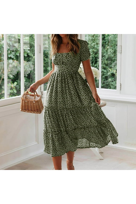 Fancy Dresses for Women 2025 Green Graphic Ankle-Length Square Neck Short Sleeve Dresses Dresses for Girls M