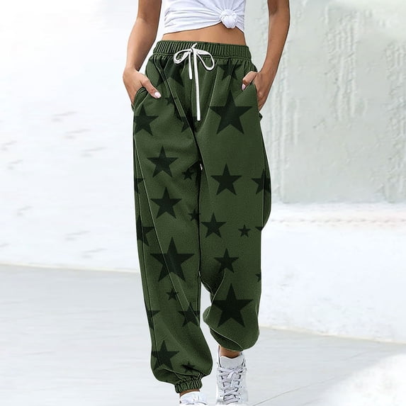 Ayolanni Fashion Pants for Women Drawstring Graphic Jogger Elastic Waist Pants Girls Loose Pants with Pockets Green L