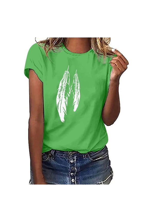 Feather Print Basic Tees for Women Scoop Neck Short Sleeve Tunic Casual Blouse Daily Oversized Shirts Womens Spring Tops Green S