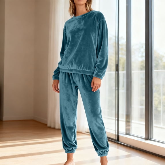 Ayolanni Fleece Pajamas for Women Set 2 Piece Blue Plus Size Pajamas Fall Winter Thick Sleepwear Long Sleeve Shirts and Jogger Pants Sets Comfy Lounge Sets S-2XL