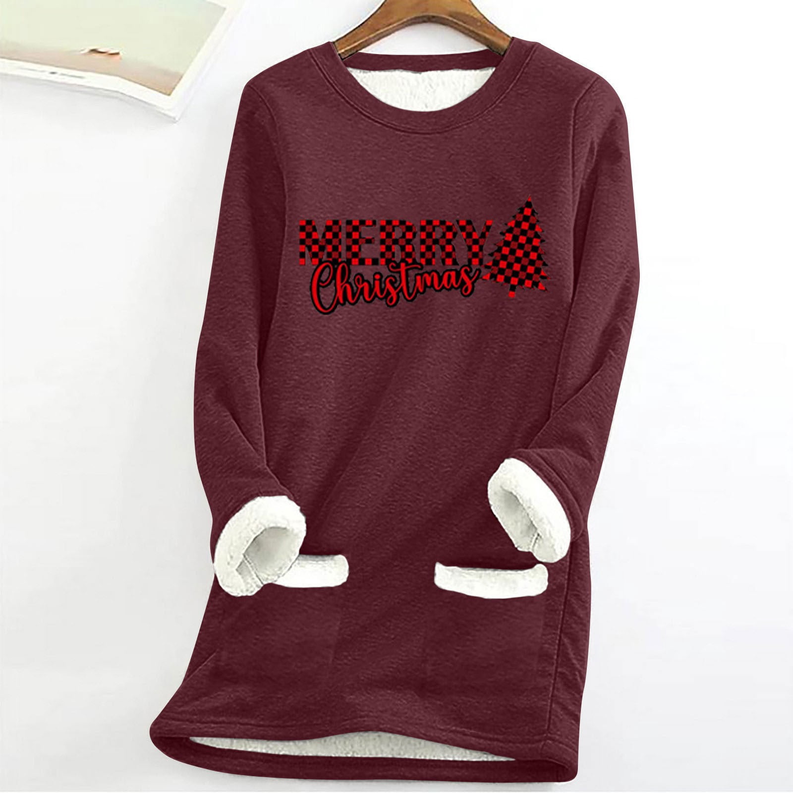 Ayolanni Fleece Tops for Women Christmas Red Long Sleeve Crew Neck