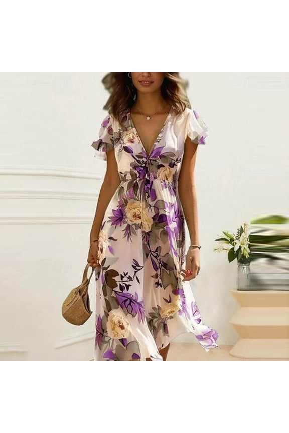 Floral Dresses for Women Hawaii V-Neck Long A-Line Dress Ruched Waist Beach Flutter Short Sleeve Ruffle Sundress XXL