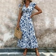 thumbnail image 1 of Ayolanni Floral Spring Dresses for Women A-Line Long V-Neck Boho Dress Ruffle Short Sleeve Flutter High Waist Vacation Sundress L, 1 of 6