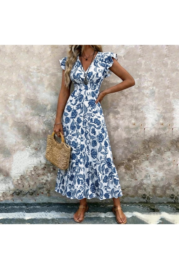 Floral Spring Dresses for Women A-Line Long V-Neck Boho Dress Ruffle Short Sleeve Flutter High Waist Vacation Sundress L