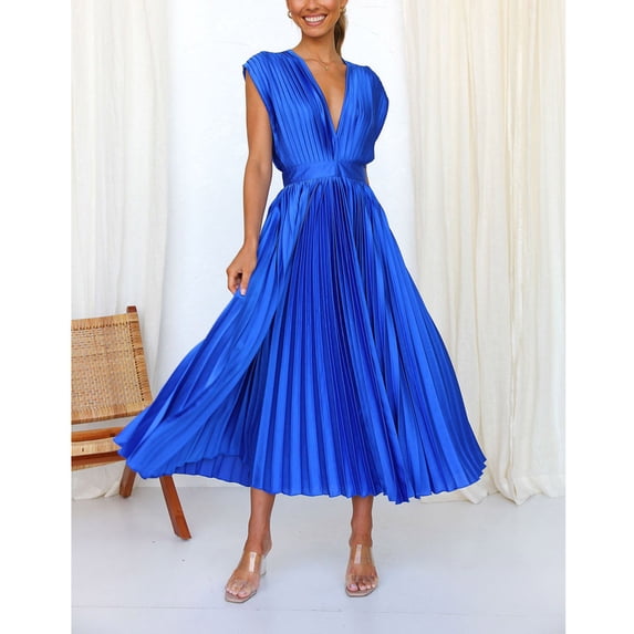 Ayolanni Flowy Sundresses for Women Sleeveless V-Neck Vacation Solid Maxi A-Line Dress Off the Shoulder Swing Ruffled Wedding Guest Sundress Blue S