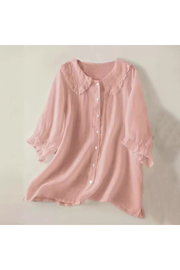 3/4 Sleeve Summer Shirts for Women Crew Neck Solid Color Flutter Comfy Blouse Cotton Pleated Plus Size Button Down Flowy T-Shirt XXXL