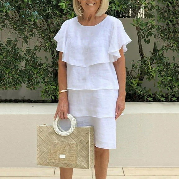 Ayolanni Flutter Casual Dresses for Women Plus Size White Knee-Length Solid Short Sleeve Dresses Dresses for Girls 4x