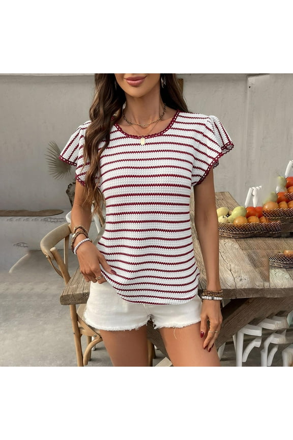 Flutter Women Shirts Casual Short Sleeve Striped Red T-Shirts Basics Womens Clothing L