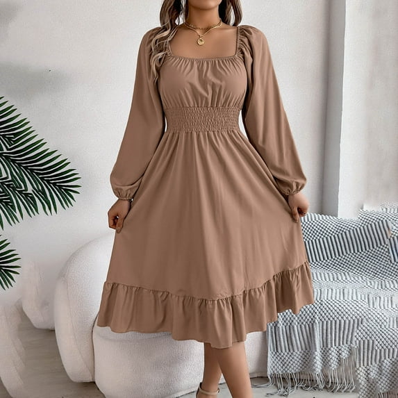 Ayolanni Flutter Womens Casual Dresses Plus Size Khaki Long Sleeve Solid Square Neck Maxi Dresses Girls Dresses L