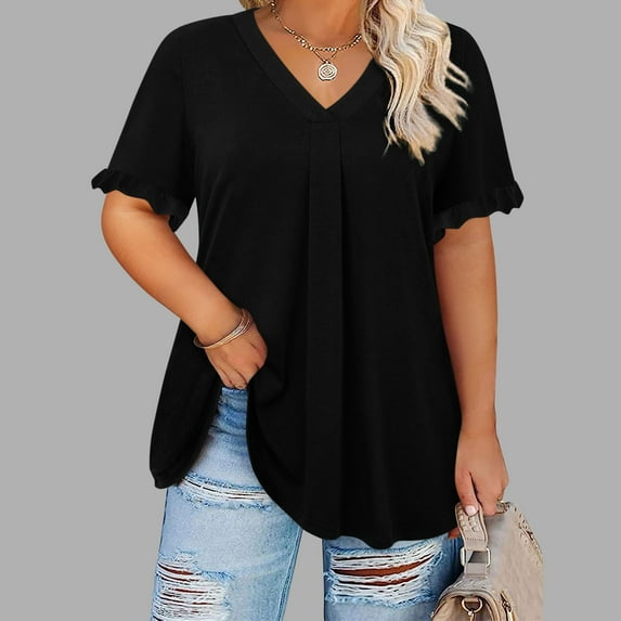 Ayolanni Flutter Womens Clothing Trendy Short Sleeve V-Neck Plus Size Black Solid T-Shirts Ladies Tops L