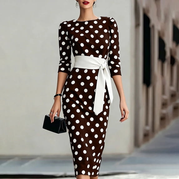 Ayolanni Formal Dresses for Women 2026 Long Sleeve Round Neck Cocktail Maxi Dresses Polka Dots Work Bodycon Elegant Long Dress Brown XL