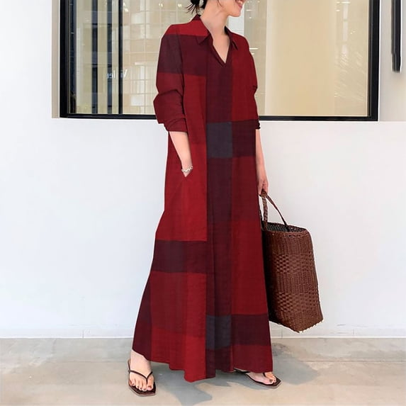 Ayolanni Formal Fall Dresses for Women V Neck Long Sleeve A-Line Maxi Dresses Plaid Work Flowy Plus Size Long Dress Red S