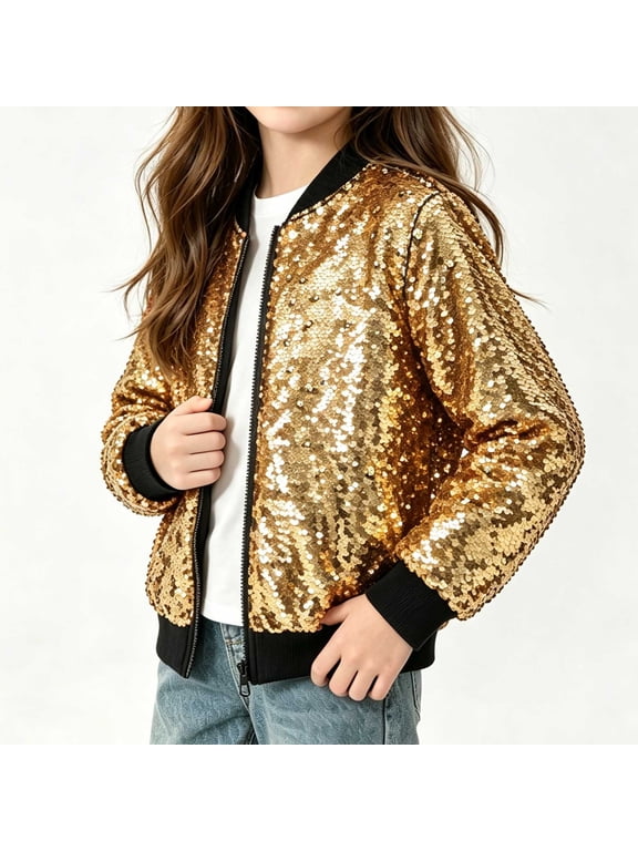 Girls Fashion Jacket Zip Up Sequin Long Sleeve Jacket Party Sparkly Trendy Outerwear Gold Size 2