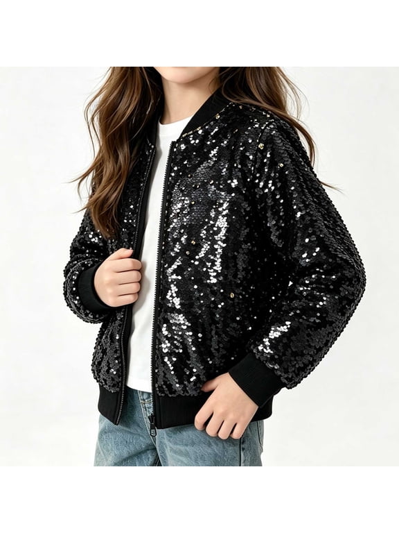 Girls Fashion Jacket Long Sleeve Zip Up Sequin Jacket Trendy Sparkly Party Outerwear Black Size 10-12