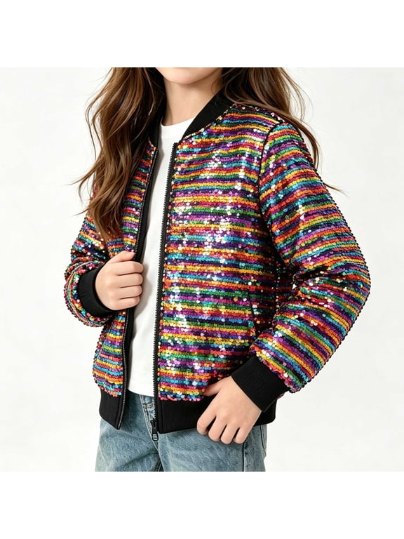 Girls Fashion Jacket Zip Up Sequin Long Sleeve Jacket Trendy Sparkly Party Outerwear Multicolor Size 2