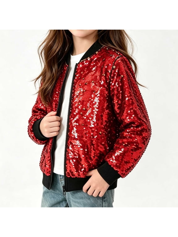 Girls Fashion Jacket Long Sleeve Sequin Zip Up Jacket Sparkly Trendy Party Outerwear Red Size 2
