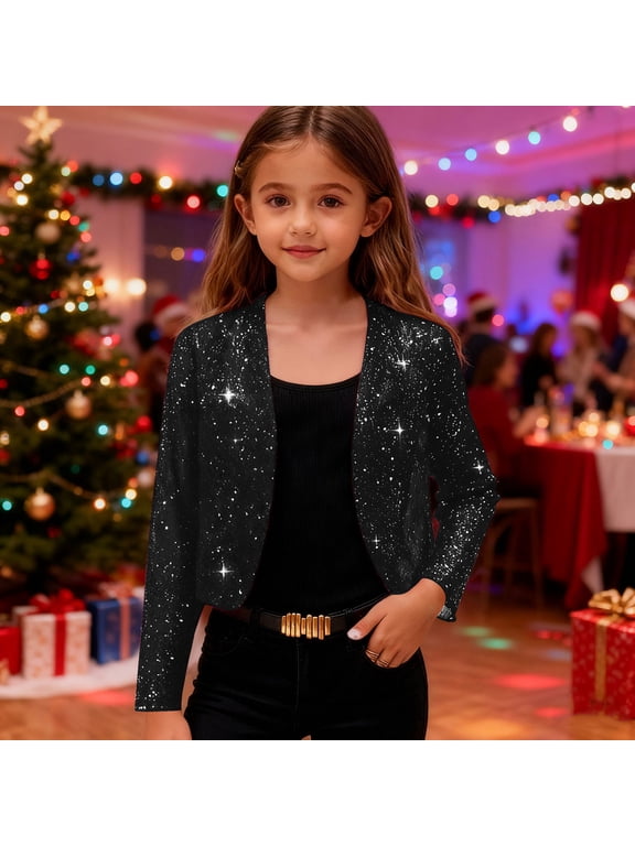 Girls Open Front Cardigan Jacket Long Sleeve Cropped Sequin Coat Party Sparkly Trendy Outerwear Black Size 6-7