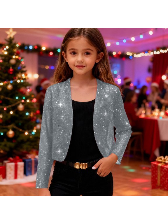 Girls Open Front Cardigan Jacket Sequin Long Sleeve Cropped Coat Party Trendy Sparkly Outerwear Gray Size 4