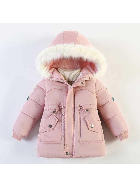 Girls Quilted Jacket Hooded Long Sleeve Adjustable Waist Coat Insulated Thermal Winter Outerwear with Pockets Pink Size 5