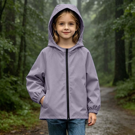 Lastesso Girls Rain Jacket Zipper Hooded Lightweight Jacket Windbreaker Water-Resistant Fall Outerwear with Pockets Purple Size 11