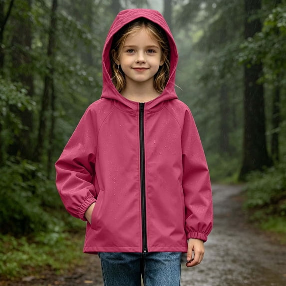 Lastesso Girls Rain Jacket Zipper Hooded Lightweight Jacket Fall Water-Resistant Windbreaker Outerwear with Pockets Hot Pink Size 13