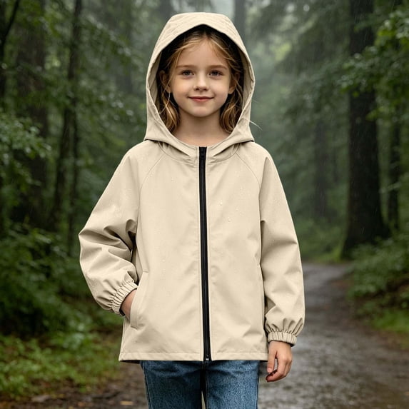Lastesso Girls Rain Jacket Lightweight Hooded Zipper Jacket Windbreaker Fall Water-Resistant Outerwear with Pockets Beige Size 5