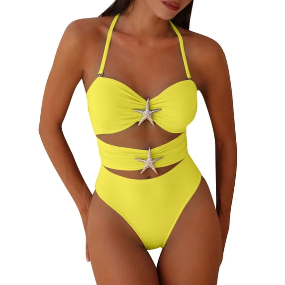 Ayolanni Girls Swimsuit Tummy Control Cutout One-Piece Push-Up Swimwear High Cut Solid Halter Cheeky Backless Bathing Suit Yellow S
