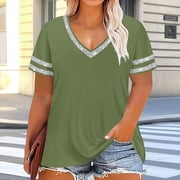 Ayolanni Going Out Summer Blouses for Women Casual Color Block V-Neck Short Sleeve Blouse Plus Size Crop Shirts Spring Tops for Women Green L