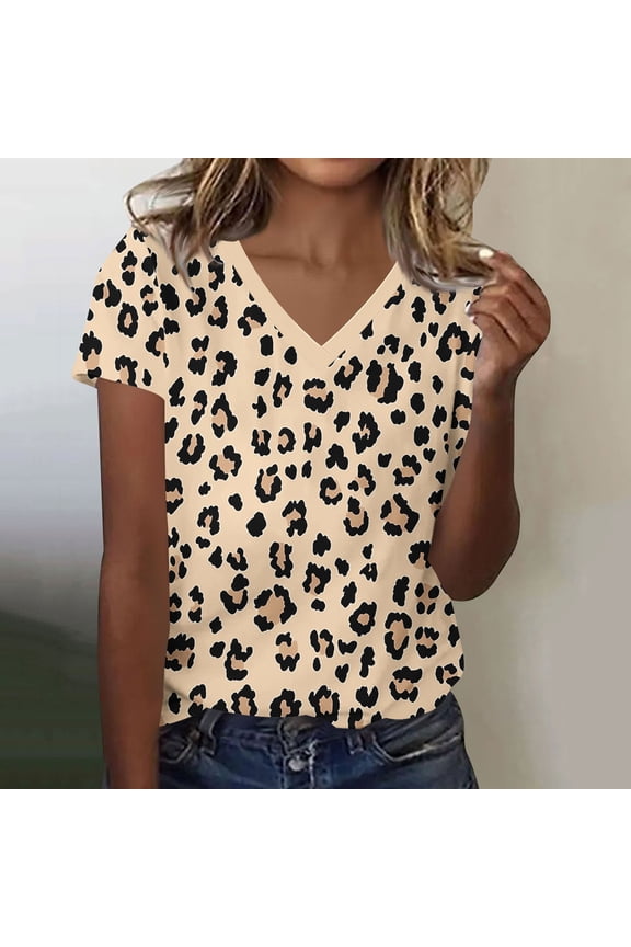 Going Out Summer Women Blouses Casual Short Sleeve V-Neck Leopard Print Blouse Plus Size Tunic Shirts 2026 Summer Tops Yellow M