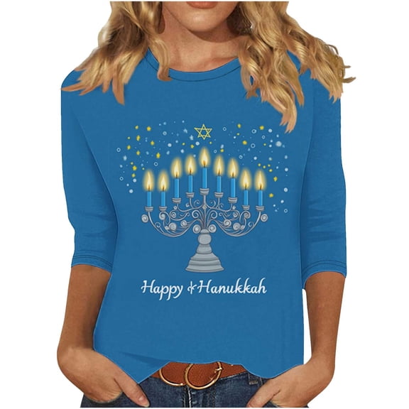 Ayolanni Going out Tops for Women Trendy Hanukkah 3/4 Sleeve Teacher Crewneck Graphic Blouses Womens T Shirt L
