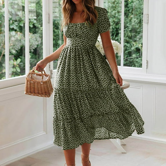 Ayolanni Graphic Sun Dresses Women Ankle-Length Green Square Neck Short Sleeve Dresses Junior Dresses L