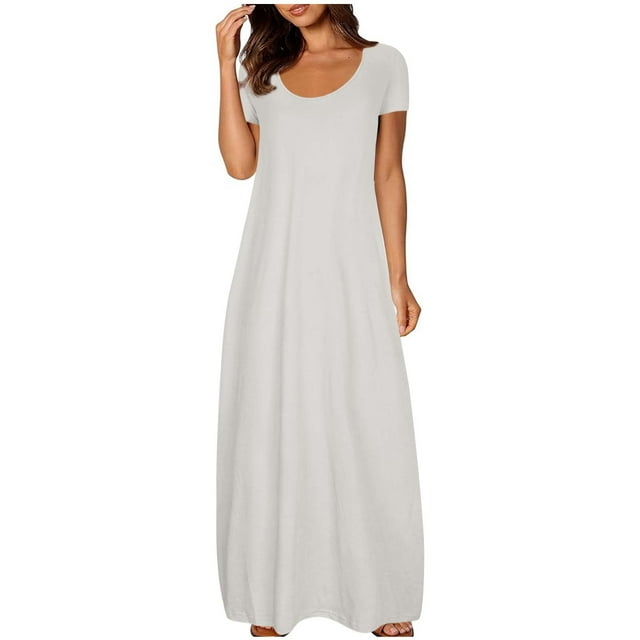 Ayolanni Gray Casual Dresses for Women Under $15 Ankle-Length Short Sleeve Solid Dresses Ladies Dresses M