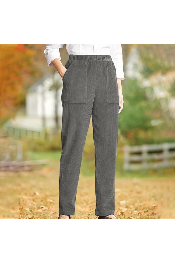 Gray Casual Pants for Women Joggers Straight-Leg Solid Corduroy Elastic Band Pants Ladies Pants Petite L