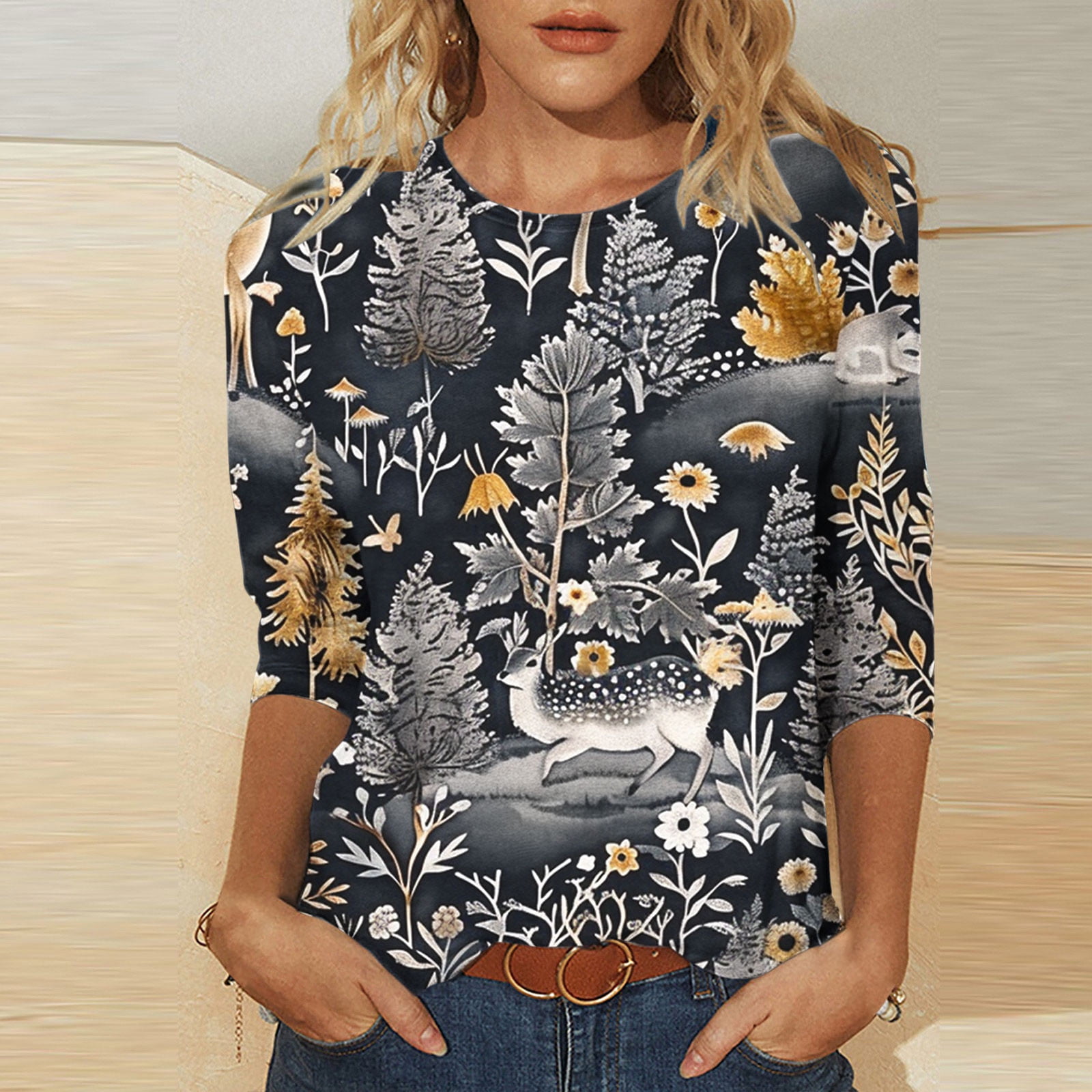 Ayolanni Gray Fall Tops for Women 2024 3/4 Sleeve Christmas Crew Neck