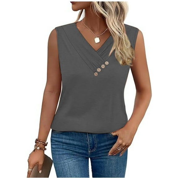 Ayolanni Gray Women Tops and Blouses V-Neck Sleeveless Solid Tank Tops Teen Girls Shirts S