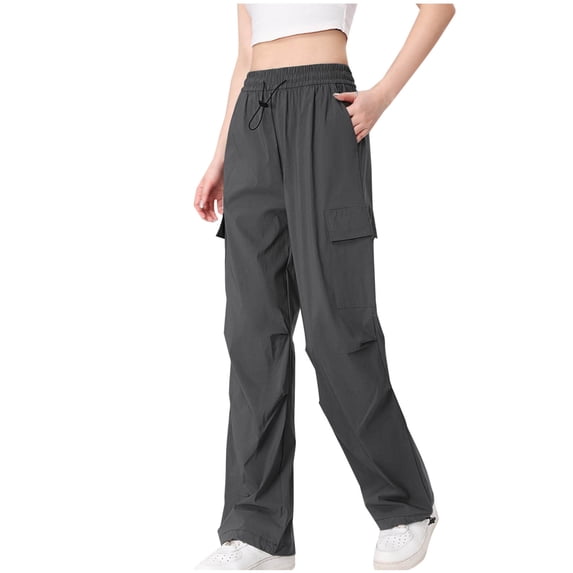 Ayolanni Gray Women's Pants Cargo Straight-Leg Solid Elastic Band Drawstring Pants Ladies Pants Petite L