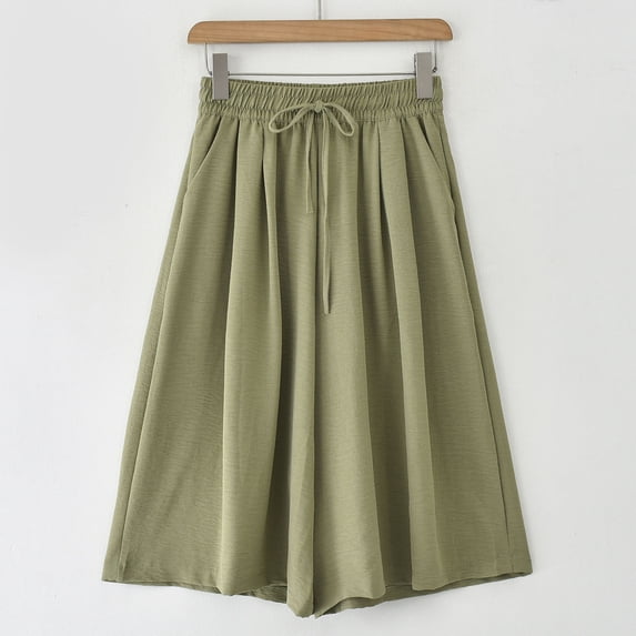 Ayolanni Green Capri Pants for Women Drawstring High Waist Cotton Linen Wide Leg Pants Lightweight Solid Work Business Cropped Pants L