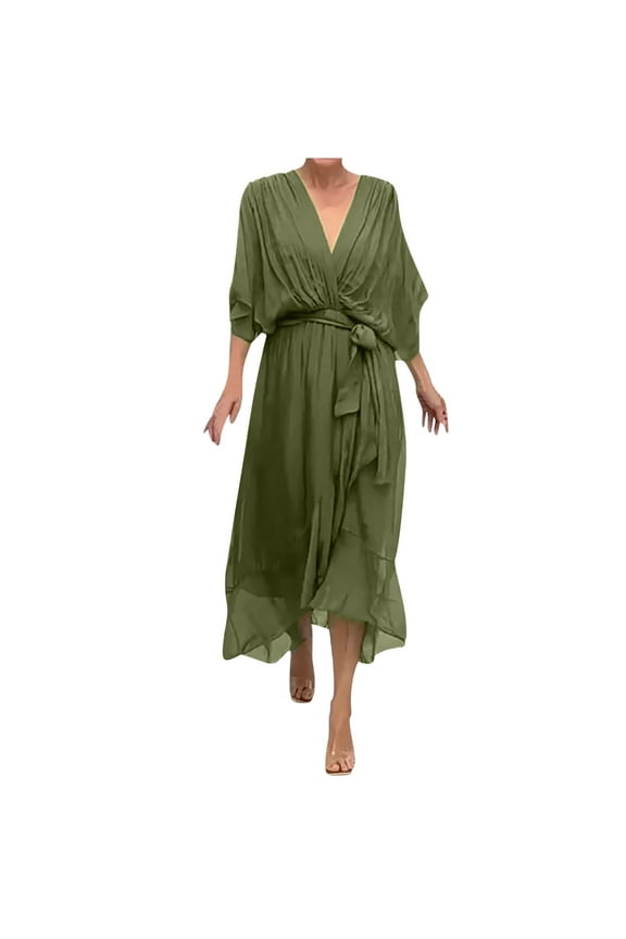 Green Plus Size Party Dresses for Curvy Women V-Neck Solid Short Sleeve Maxi Dresses Junior Dresses L