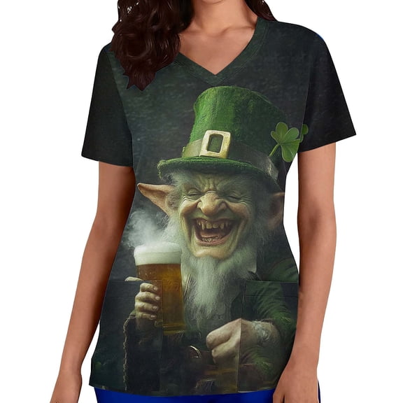 Ayolanni Green Womans Tops Scrub V-Neck St.Patrick's Day Short Sleeve Nursing Graphic Two Pockets Blouses Womens Shirt M