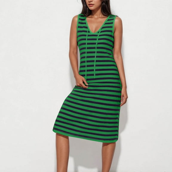 Ayolanni Green Women’S Dresses Striped V-Neck Sleeveless Midi Dresses Summer Dresses for Juniors 2x