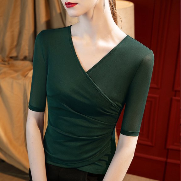 Ayolanni Green Women Tops Wrap 3/4 Length Sleeve V-Neck Solid Smocked Fitted T-Shirt Women's Shirts M