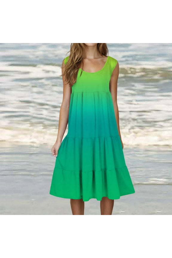 Green Women's Dresses Beach Sleeveless Ombre Vacation Dresses Summer Dresses for Girls L