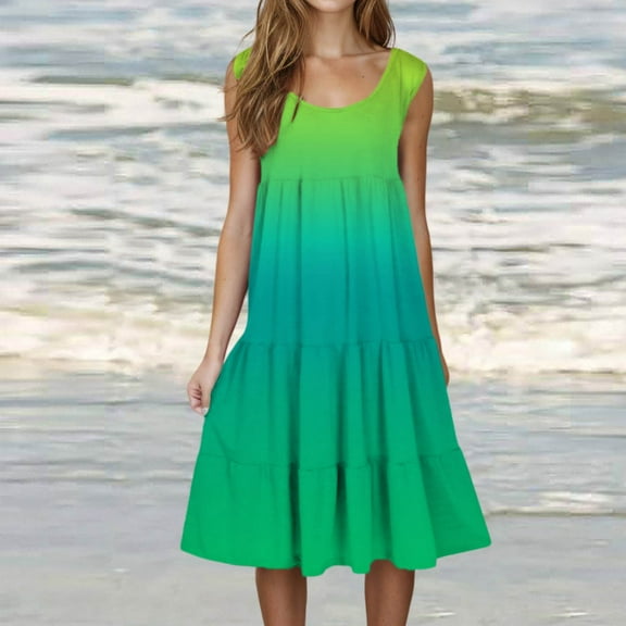 Ayolanni Green Women's Dresses Beach Sleeveless Ombre Vacation Dresses Summer Dresses for Girls L