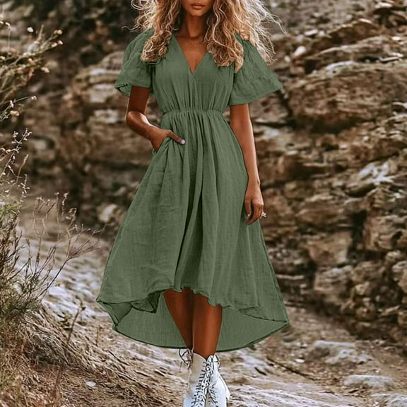 Ayolanni Green Women's Holiday Party Dresses Knee-Length V-Neck Solid Short Sleeve Dresses Dresses for Juniors L