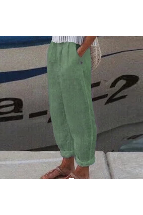 Green Womens Pants Petite Cotton Linen Slim-Leg High Rise Solid Slacks Womens Pants Petite Capri M