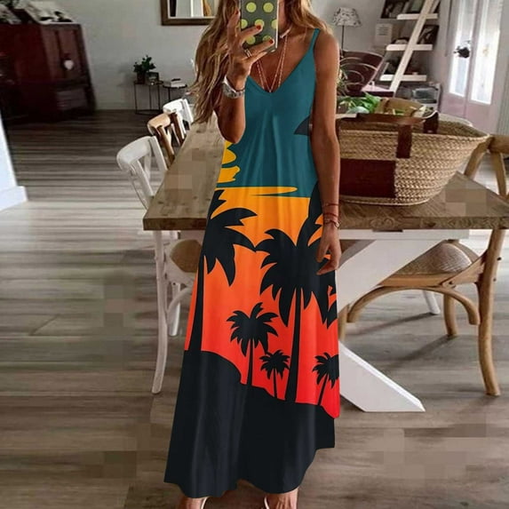 Ayolanni Hawaii Womens Summer Dresses V-Neck Ankle-Length Orange Sleeveless Vacation Dresses Dresses for Girls M