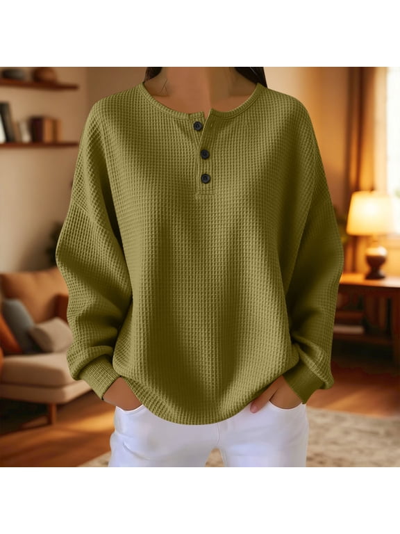 Henley Shirts for Women Long Sleeve Button Down Waffle Knit Shirt Work Loose Casual Tops Army Green M