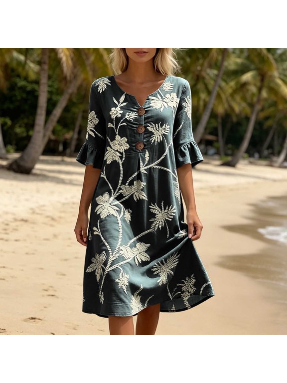 Henley Spring Dresses for Women Flutter Sleeve Flowy 3/4 Sleeve Floral Midi A-Line Dress Hawaii Loose Button Beach Daily Sundress Black S